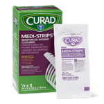 CURAD Medi-Strip manufacturer catalogue box and sterile-pouch photograph; selected dimensions and strip counts specified separately