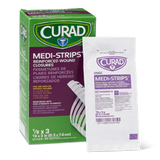 CURAD Medi-Strip manufacturer catalogue box and sterile-pouch photograph; selected dimensions and strip counts specified separately