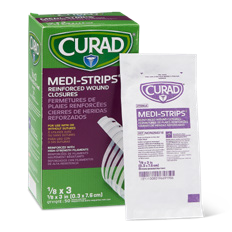 CURAD Medi-Strip manufacturer catalogue box and sterile-pouch photograph; selected dimensions and strip counts specified separately