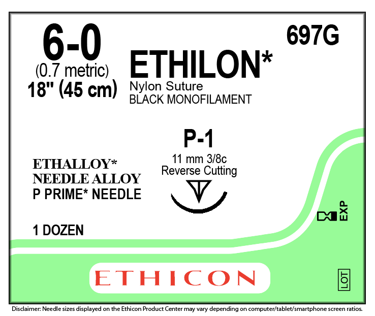 Manufacturer package label: Ethilon 697G, 6-0, P-1 needle, box of 12