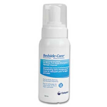 Coloplast Bedside-Care unscented no-rinse foam cleanser, 240 mL individual bottle; listing supplies case of 12