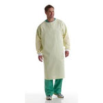 Medline yellow reusable cover gown worn by a model; clothing and footwear not included