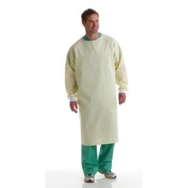 Medline yellow reusable cover gown worn by a model; clothing and footwear not included