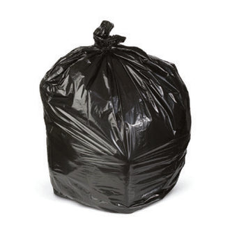 Black garbage bag family illustration; see listing for size, strength and case quantity