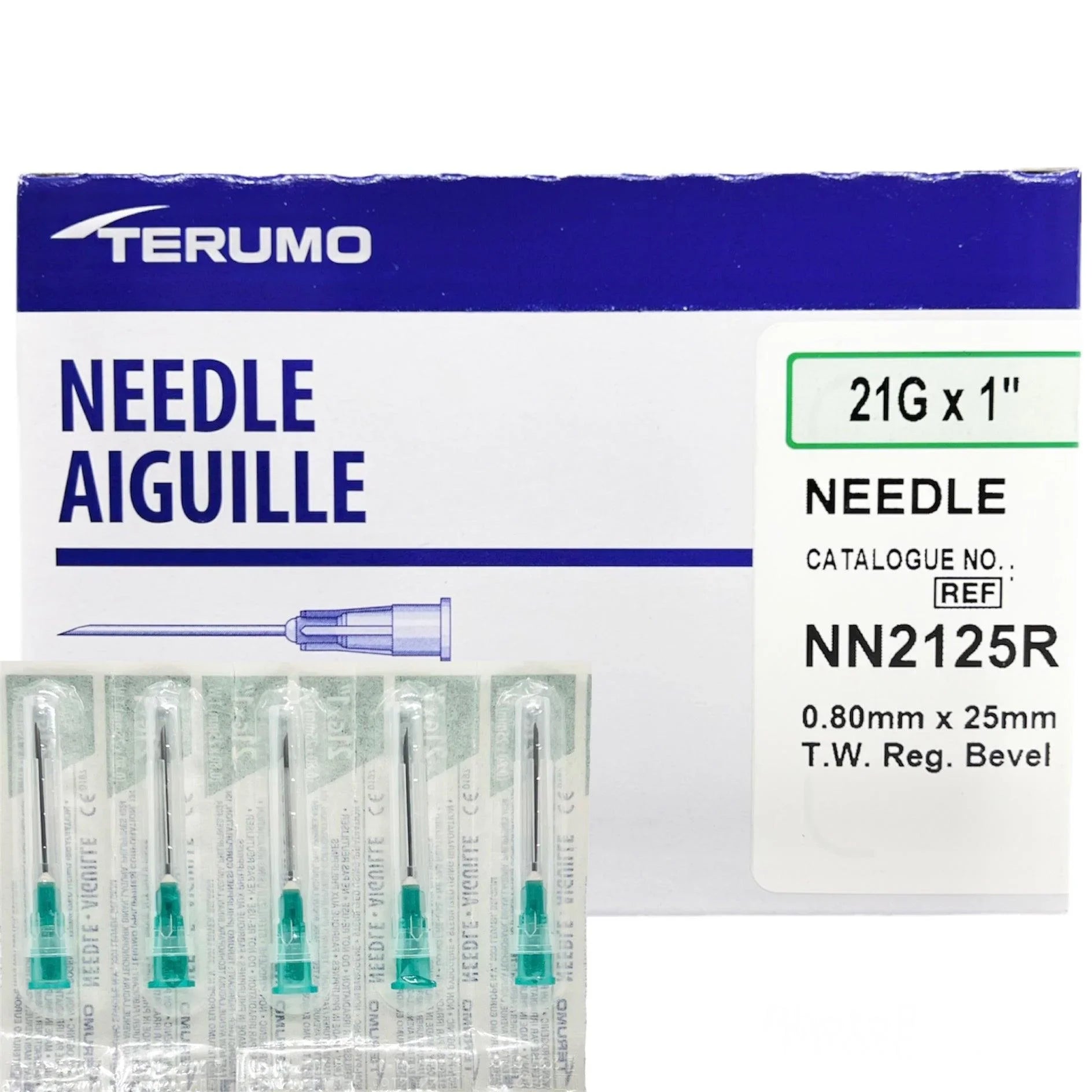 Terumo® Standard Hypodermic Needle; 21G x 1" (2.54 cm), UTW, green — Box of 100