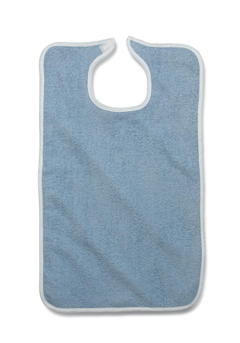 Bib Clothing Protector; 18" x 30" (46 cm x 76 cm), Blue with Hook and Loop Strap, Terry Cloth — Pack of 12