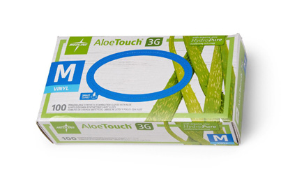 AloeTouch 3G green synthetic exam glove family packaging; pictured Medium box may show another size