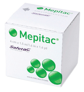 Actual supplier catalogue photograph of Mepitac tape; selected width and selling quantity are stated in the product listing.