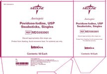 Medline Povidone-Iodine Swabsticks Singles; case listing, each pictured box contains 50 swabsticks; 10 boxes per case