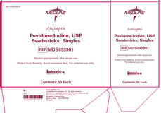 Medline Povidone-Iodine Swabsticks Singles; case listing, each pictured box contains 50 swabsticks; 10 boxes per case
