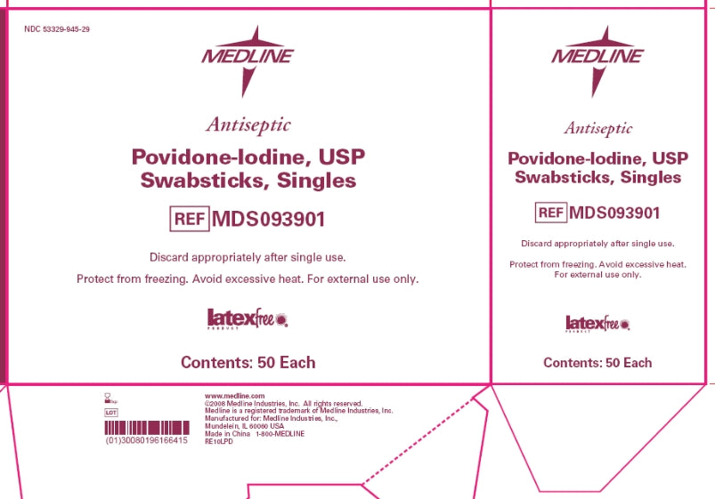 Medline Povidone-Iodine Swabsticks Singles; case listing, each pictured box contains 50 swabsticks; 10 boxes per case