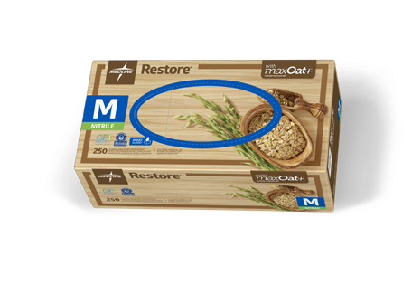Restore glove family packaging from Medline catalogue; pictured size is illustrative