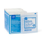 Medline sterile woven gauze sponge family actual catalogue photograph; pictured 2-pack packaging, supplied size ply and sponge count specified