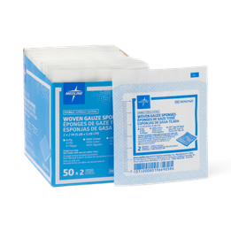 Medline sterile woven gauze sponge family actual catalogue photograph; pictured 2-pack packaging, supplied size ply and sponge count specified