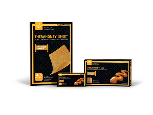 Medline TheraHoney gel and sheet actual supplier catalogue family photograph; selected format size and selling quantity specified