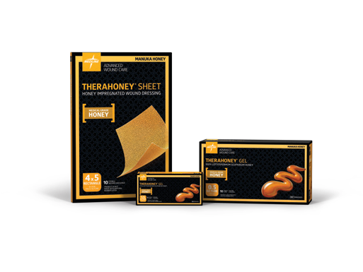 Medline TheraHoney gel and sheet actual supplier catalogue family photograph; selected format size and selling quantity specified