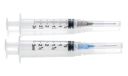 Medline 3 mL syringe with standard hypodermic needle; gauge may differ from supplied code