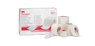 Actual supplier catalogue photograph of Transpore tape; selected width and selling quantity are stated in the product listing.
