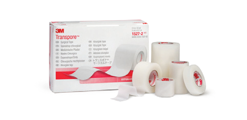 Actual supplier catalogue photograph of Transpore tape; selected width and selling quantity are stated in the product listing.