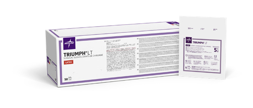 Triumph LT sterile latex surgical glove family packaging; pictured size 5.5 is illustrative