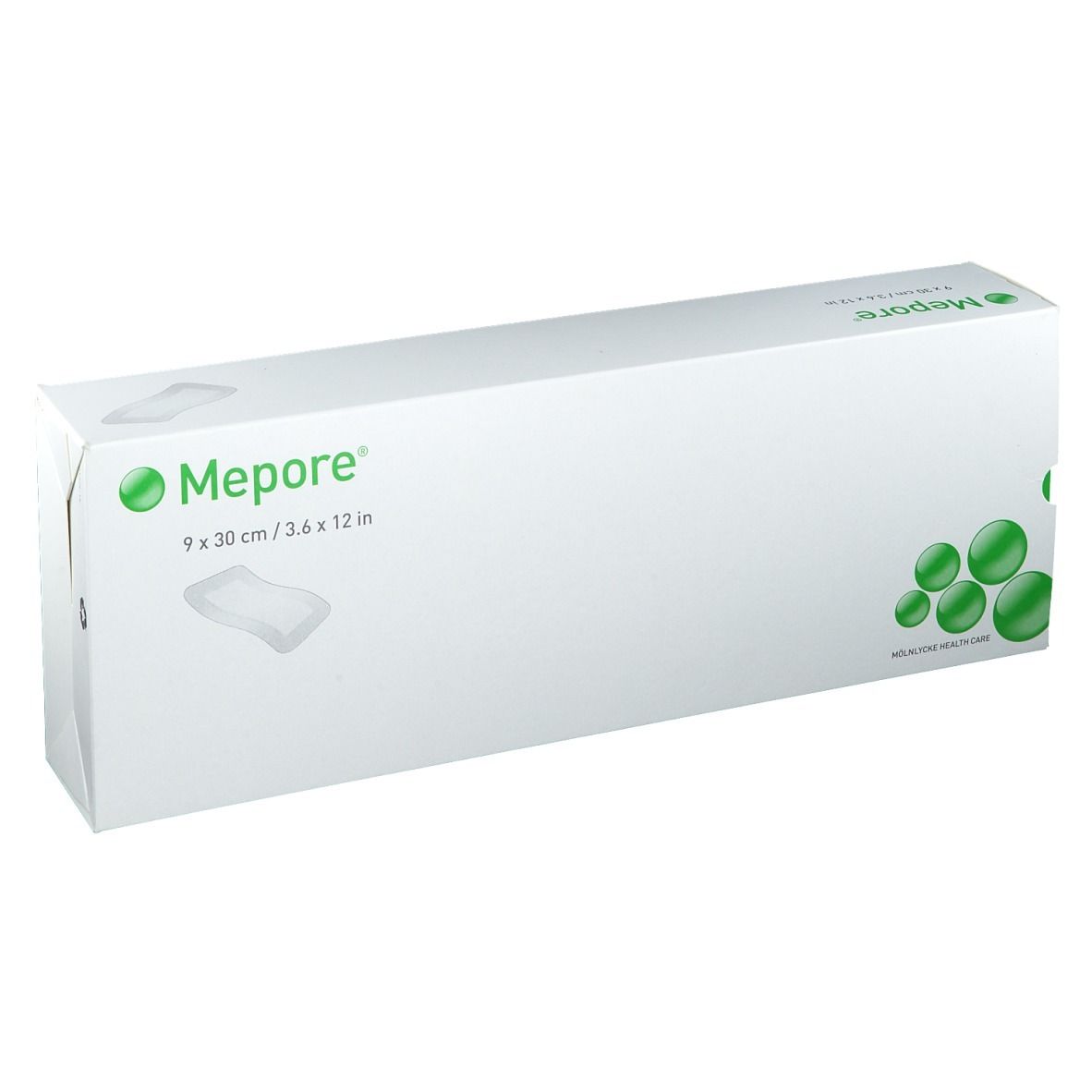 Molnlycke Mepore adhesive dressing box, 9 by 30 cm, reference 671300