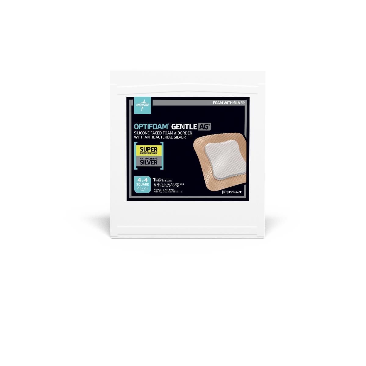 Optifoam® Gentle Ag+ Silicone-Faced Foam Dressing; 4" x 4" (10 cm x 10 cm) — Box of 10