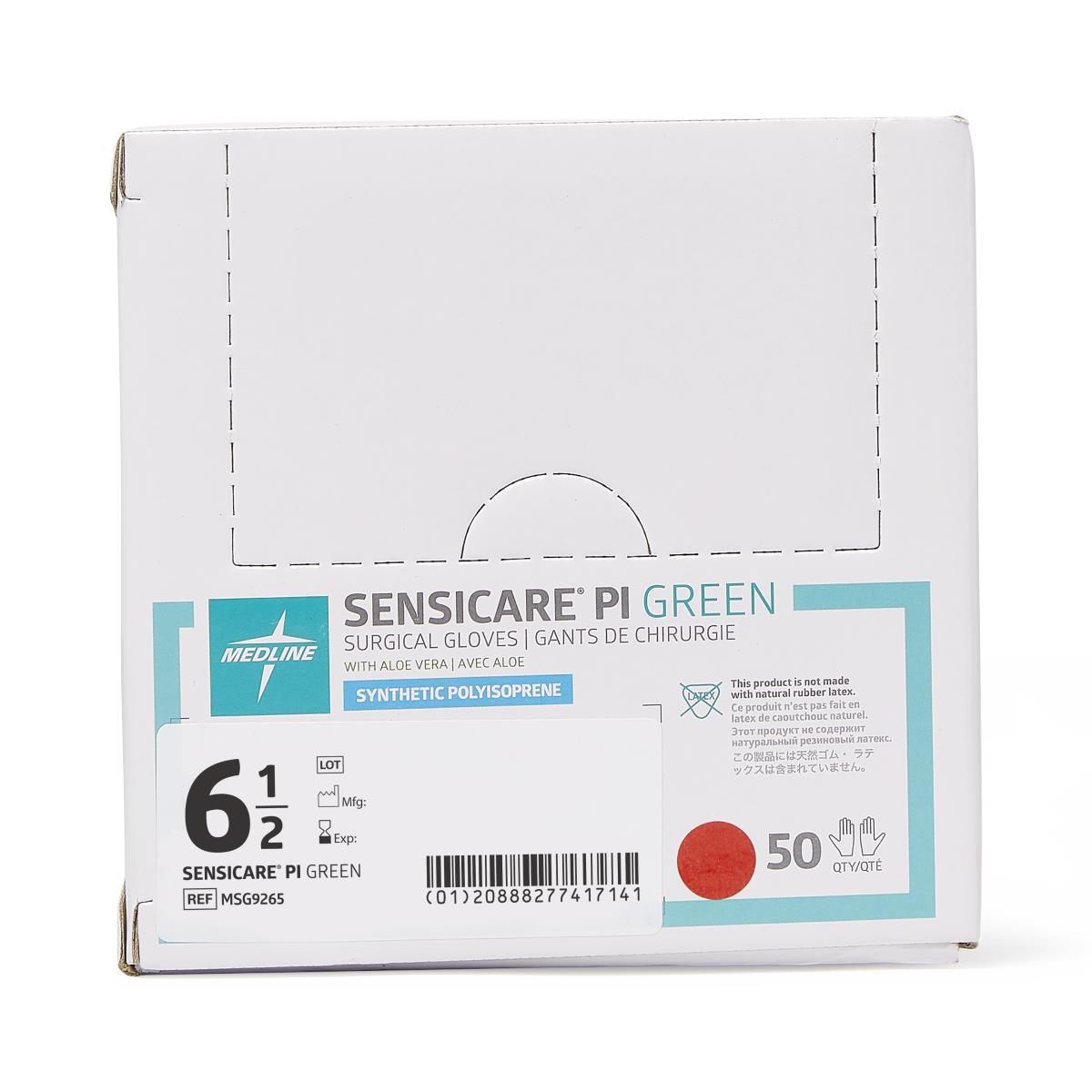 SensiCare® PI Green Sterile Powder-Free Surgical Glove with Aloe, Green; 6.5 — Box of 50