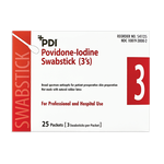 PDI Povidone-Iodine Swabsticks 10%, three per pouch; box listing contains 25 pouches, 75 swabsticks total
