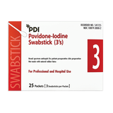 PDI Povidone-Iodine Swabsticks 10%, three per pouch; box listing contains 25 pouches, 75 swabsticks total