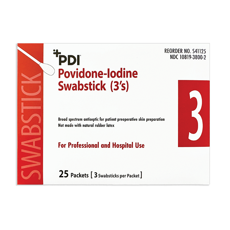 PDI Povidone-Iodine Swabsticks 10%, three per pouch; box listing contains 25 pouches, 75 swabsticks total
