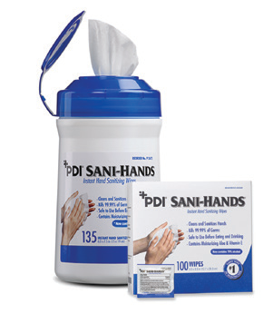 PDI Sani-Hands 135-count canister, with separate packet packaging shown for illustration