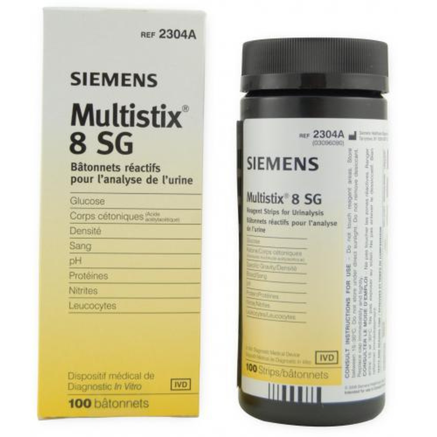 Siemens Multistix 8 SG reagent strips, REF 2304A, 100-strip bottle and box