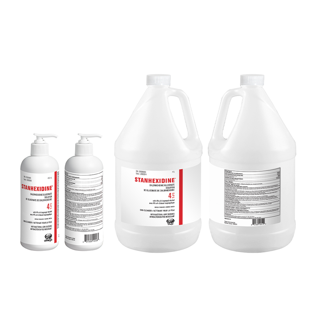 Stanhexidine 4% skin cleanser, front and back views of 450 mL and 4 L bottle options